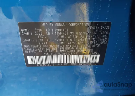 2025 Subaru Outback Wilderness z USA, uszkodzony, nr VIN 4S4BTGUD9S3297417